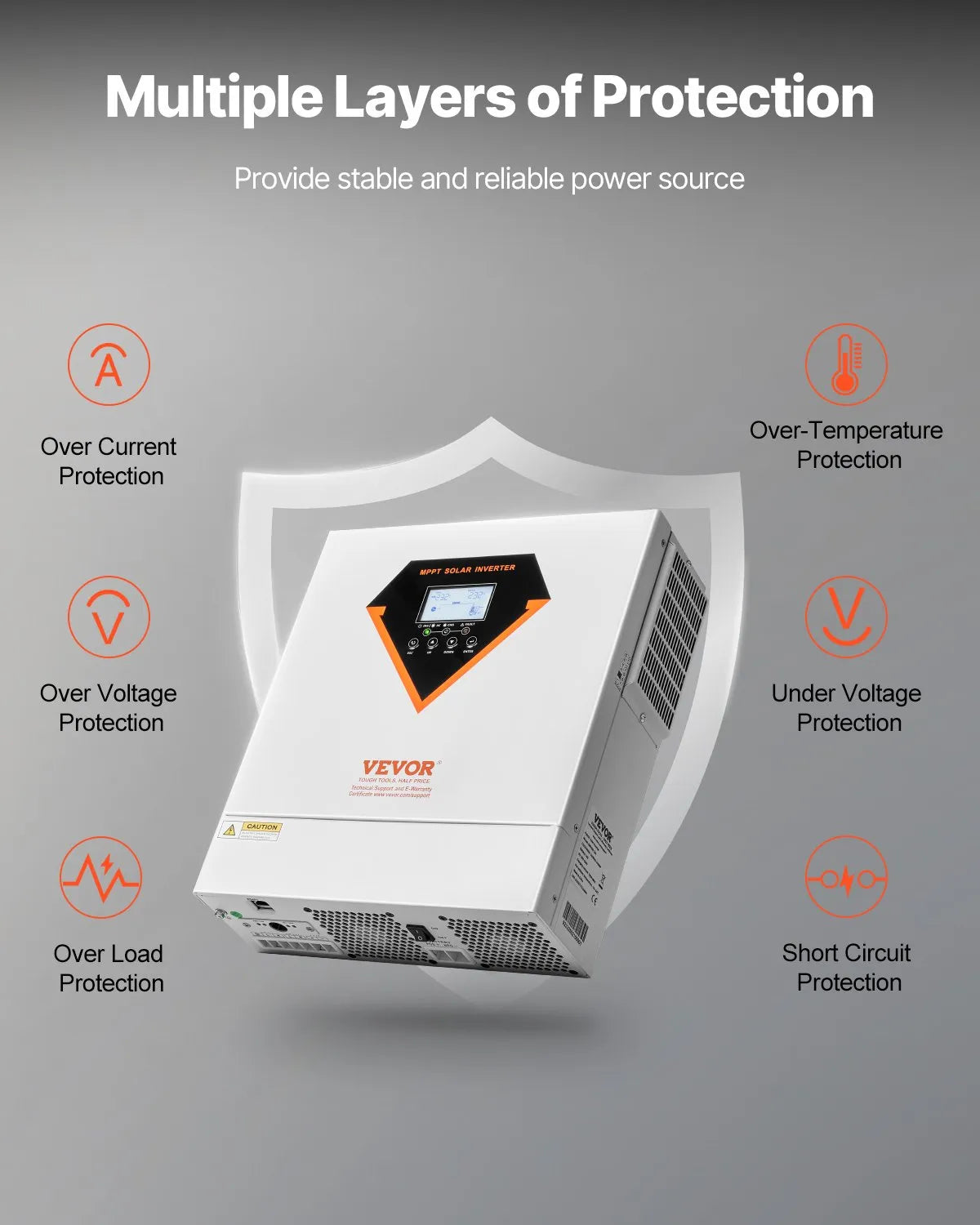 VEVOR hibrīdais saules invertors 3500 W, viss vienā tīras sinusoidās strāvas invertors–lādētājs, 24 V DC uz vienfāzes 220–230 V AC, ar iebūvētu 100 A MPPT saules kontrolieri, paredzēts autonomām sistēmām ar svina-skābes un litija akumulatoriem