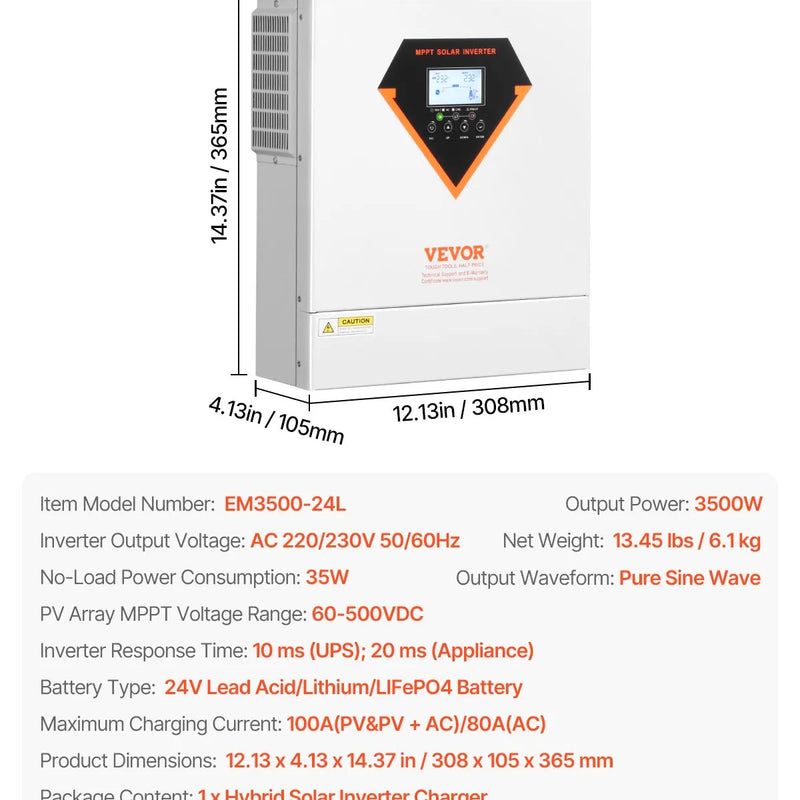 VEVOR hibrīdais saules invertors 3500 W, viss vienā tīras sinusoidās strāvas invertors–lādētājs, 24 V DC uz vienfāzes 220–230 V AC, ar iebūvētu 100 A MPPT saules kontrolieri, paredzēts autonomām sistēmām ar svina-skābes un litija akumulatoriem