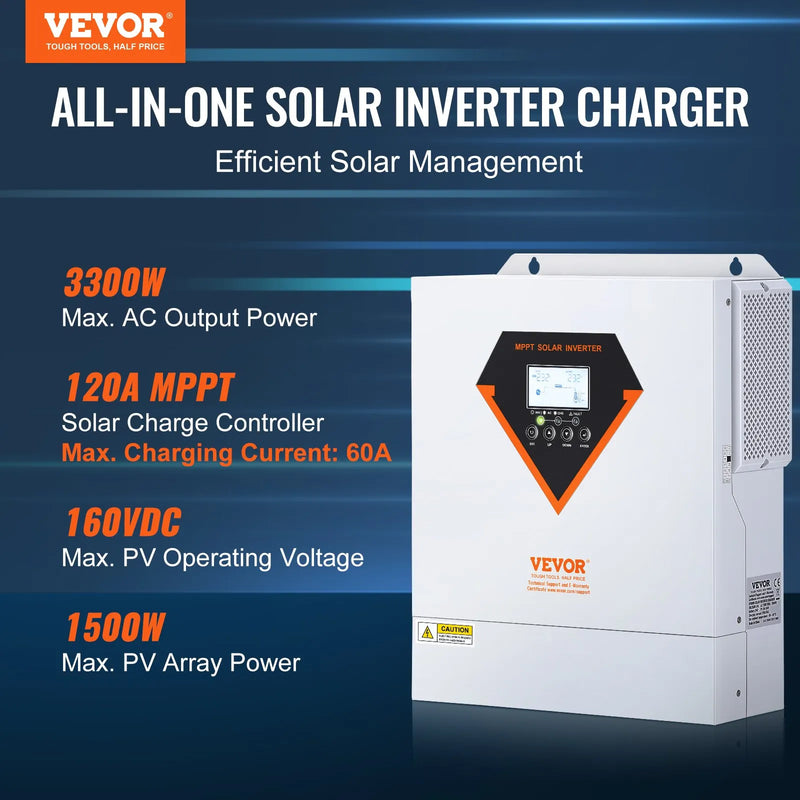 VEVOR hibrīdais saules invertors, 3500 W, tīra sinusa autonomais invertors-lādētājs, 230 V AC “viss vienā” jaudas invertors ar iebūvētu 60 A MPPT saules uzlādes kontrolieri, atbalsta hibrīdo uzlādi no saules un elektrotīkla
