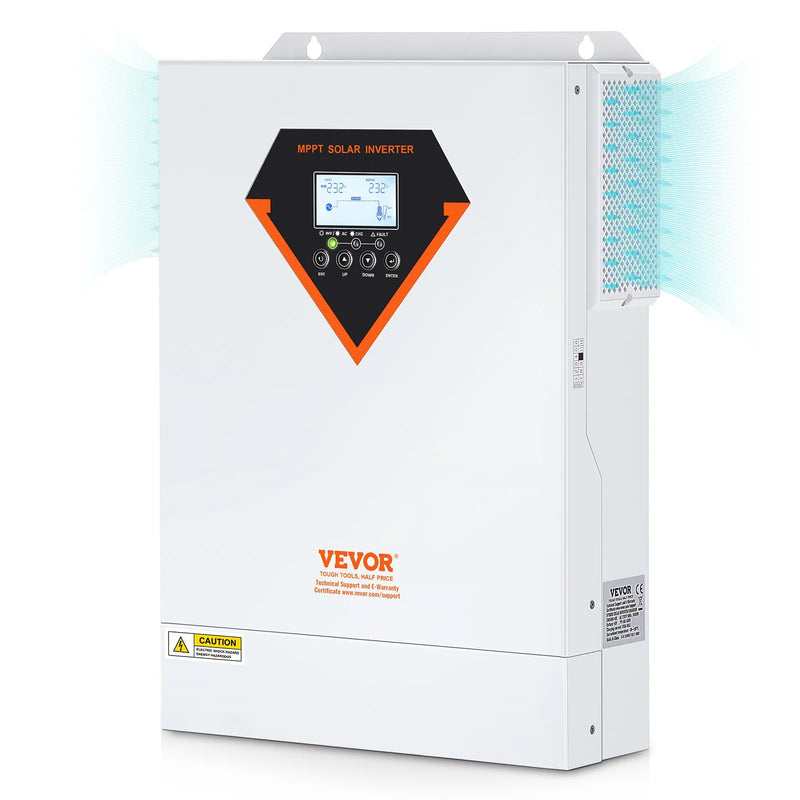 VEVOR hibrīdais saules invertors, 5500 W, tīra sinusoīda autonomais (off-grid) invertors-lādētājs, 230 V maiņstrāva, viss vienā risinājums ar iebūvētu 100 A MPPT saules uzlādes kontrolieri, atbalsta hibrīdo uzlādi no saules enerģijas un elektrotīkla.