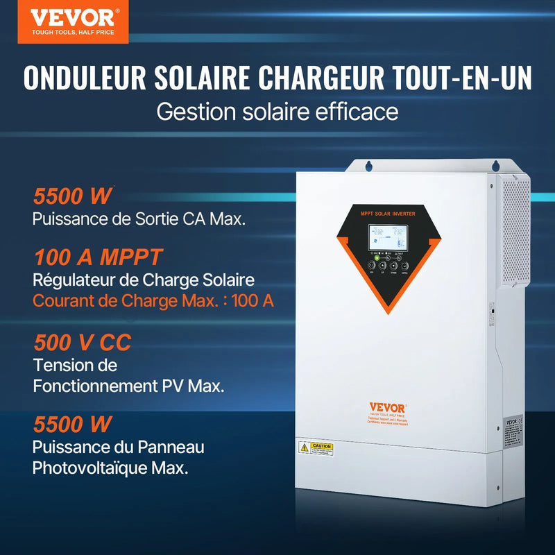 VEVOR hibrīdais saules invertors, 5500 W, tīra sinusoīda autonomais (off-grid) invertors-lādētājs, 230 V maiņstrāva, viss vienā risinājums ar iebūvētu 100 A MPPT saules uzlādes kontrolieri, atbalsta hibrīdo uzlādi no saules enerģijas un elektrotīkla.