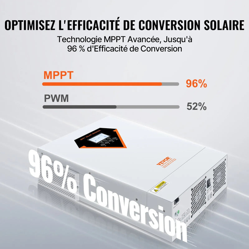 VEVOR hibrīdais saules invertors, 5500 W, tīra sinusoīda autonomais (off-grid) invertors-lādētājs, 230 V maiņstrāva, viss vienā risinājums ar iebūvētu 100 A MPPT saules uzlādes kontrolieri, atbalsta hibrīdo uzlādi no saules enerģijas un elektrotīkla.