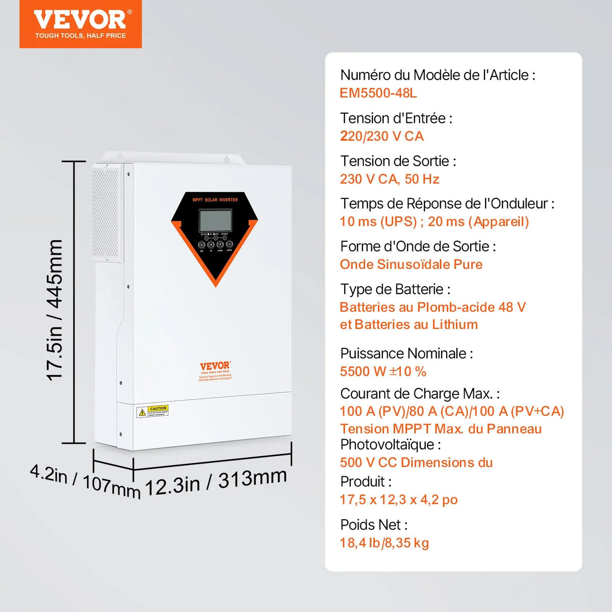 VEVOR hibrīdais saules invertors, 5500 W, tīra sinusoīda autonomais (off-grid) invertors-lādētājs, 230 V maiņstrāva, viss vienā risinājums ar iebūvētu 100 A MPPT saules uzlādes kontrolieri, atbalsta hibrīdo uzlādi no saules enerģijas un elektrotīkla.