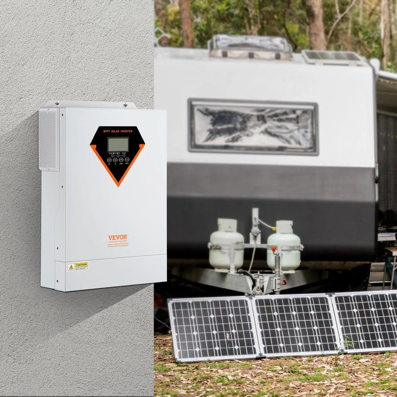 VEVOR hibrīdais saules invertors, 5500 W, tīra sinusoīda autonomais (off-grid) invertors-lādētājs, 230 V maiņstrāva, viss vienā risinājums ar iebūvētu 100 A MPPT saules uzlādes kontrolieri, atbalsta hibrīdo uzlādi no saules enerģijas un elektrotīkla.