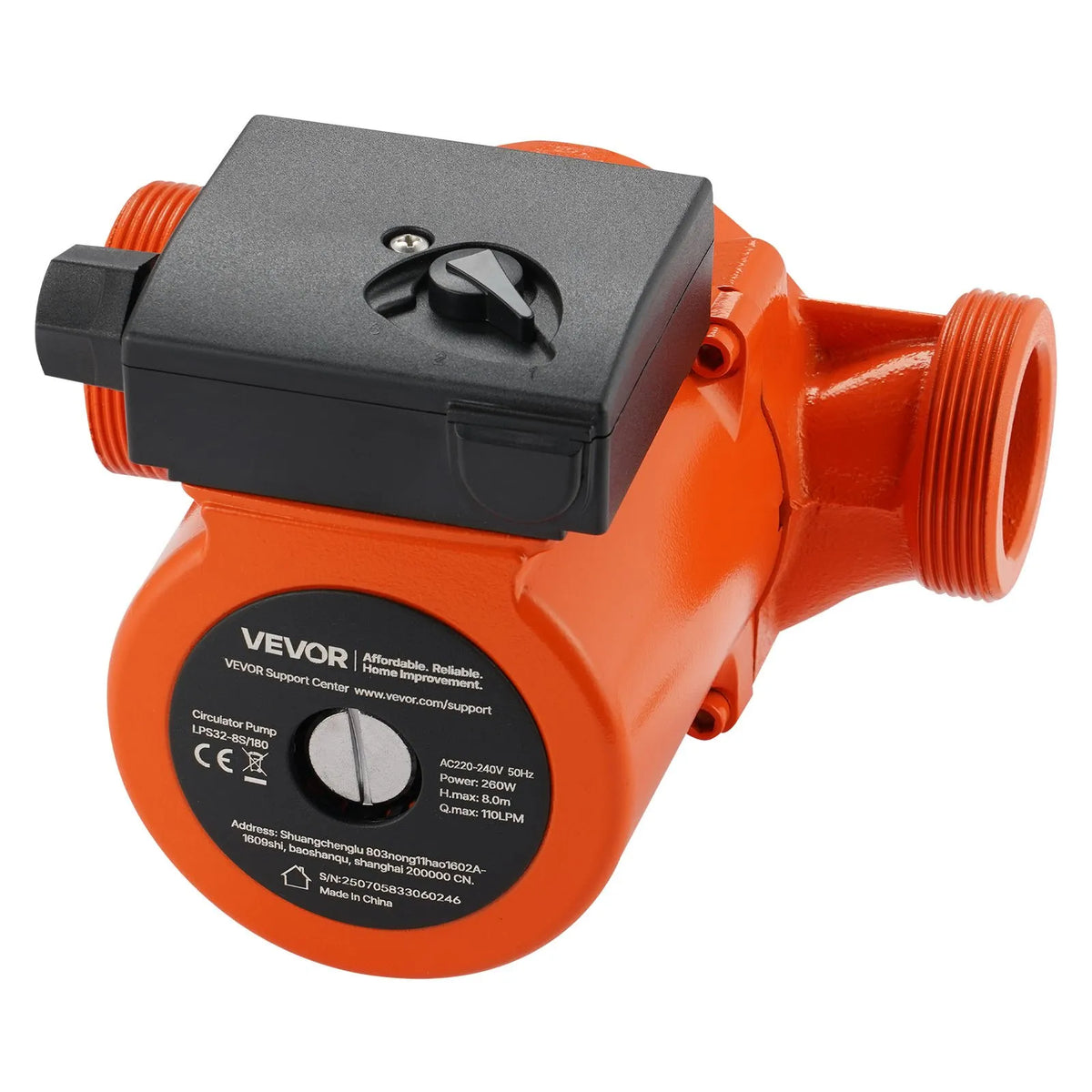 VEVOR LPS32-8S/180 čuguna cirkulācijas sūknis, jauda 0,28 kW, 220–240 V, plūsma līdz 110 l/min, karstā ūdens recirkulācijas sūknis ar vītņotu pieslēgumu, 3 ātrumu regulēšana, klusa darbība mājas apkures sistēmām