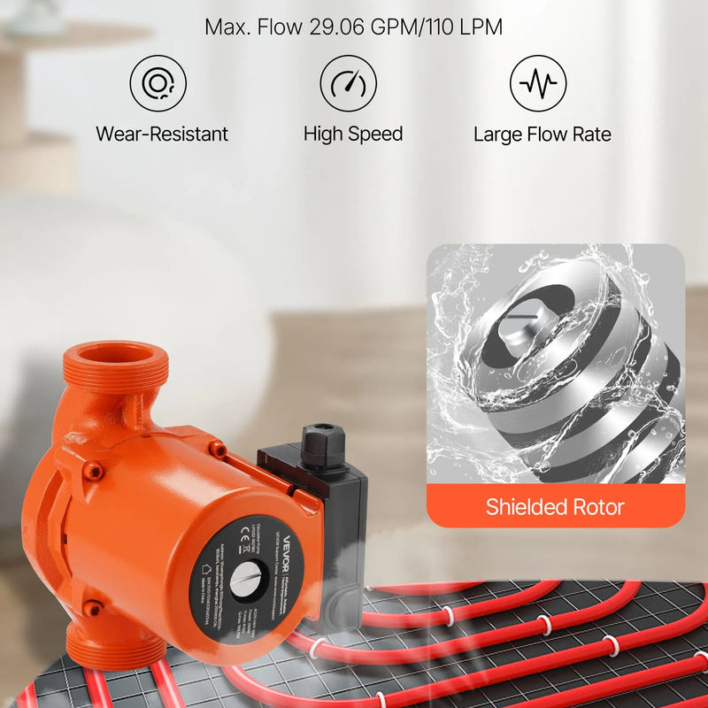 VEVOR LPS32-8S/180 čuguna cirkulācijas sūknis, jauda 0,28 kW, 220–240 V, plūsma līdz 110 l/min, karstā ūdens recirkulācijas sūknis ar vītņotu pieslēgumu, 3 ātrumu regulēšana, klusa darbība mājas apkures sistēmām
