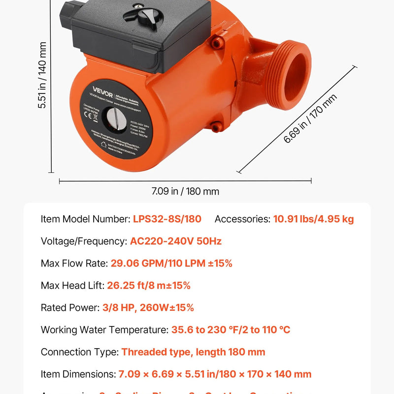 VEVOR LPS32-8S/180 čuguna cirkulācijas sūknis, jauda 0,28 kW, 220–240 V, plūsma līdz 110 l/min, karstā ūdens recirkulācijas sūknis ar vītņotu pieslēgumu, 3 ātrumu regulēšana, klusa darbība mājas apkures sistēmām