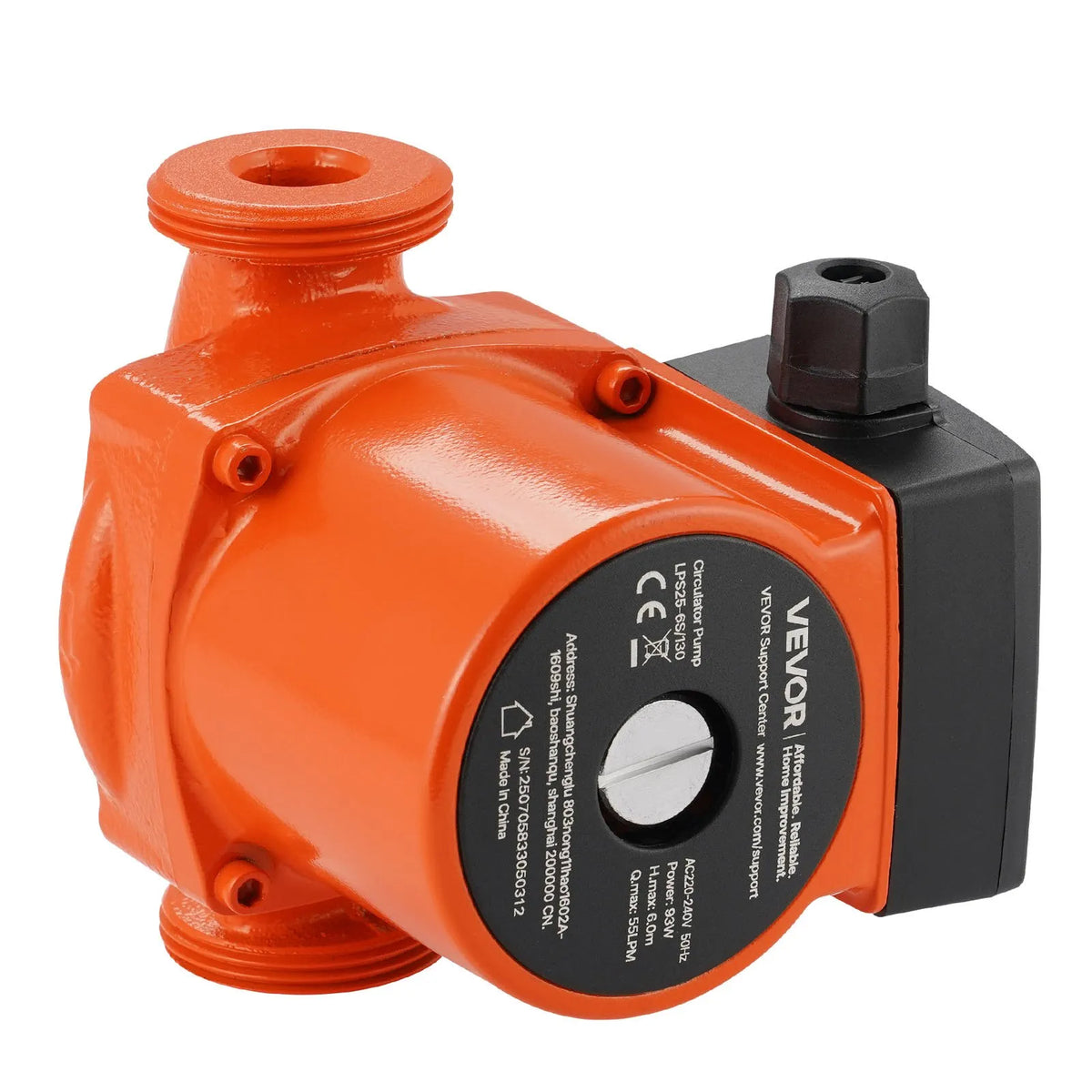 VEVOR LPS25-6S/130 čuguna cirkulācijas sūknis, 220–240 V, 55 l/min karstā ūdens cirkulācijai, vītņots pieslēgums, 3 ātrumu regulēšana, klusa darbība, paredzēts mājas apkures sistēmām