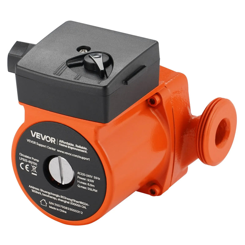 VEVOR LPS25-6S/130 čuguna cirkulācijas sūknis, 220–240 V, 55 l/min karstā ūdens cirkulācijai, vītņots pieslēgums, 3 ātrumu regulēšana, klusa darbība, paredzēts mājas apkures sistēmām