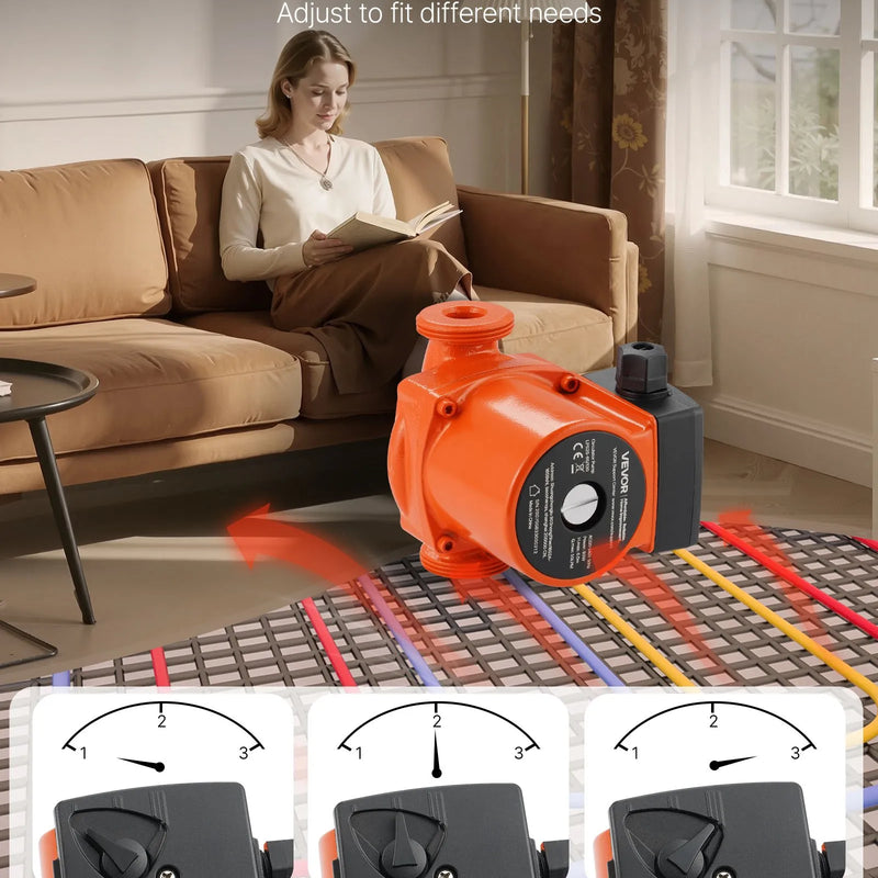 VEVOR LPS25-6S/130 čuguna cirkulācijas sūknis, 220–240 V, 55 l/min karstā ūdens cirkulācijai, vītņots pieslēgums, 3 ātrumu regulēšana, klusa darbība, paredzēts mājas apkures sistēmām