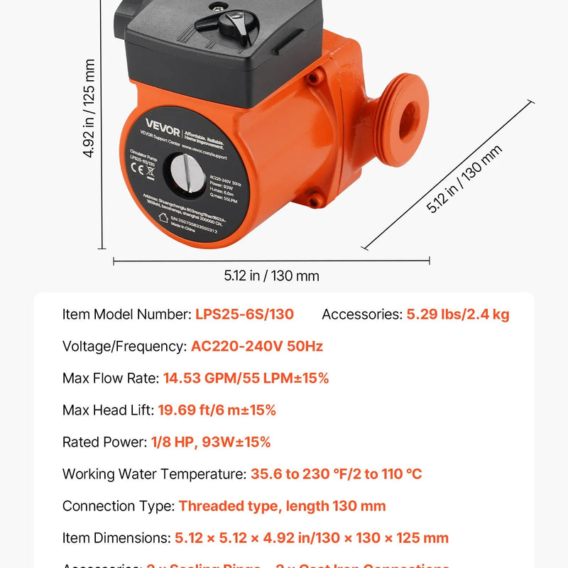 VEVOR LPS25-6S/130 čuguna cirkulācijas sūknis, 220–240 V, 55 l/min karstā ūdens cirkulācijai, vītņots pieslēgums, 3 ātrumu regulēšana, klusa darbība, paredzēts mājas apkures sistēmām