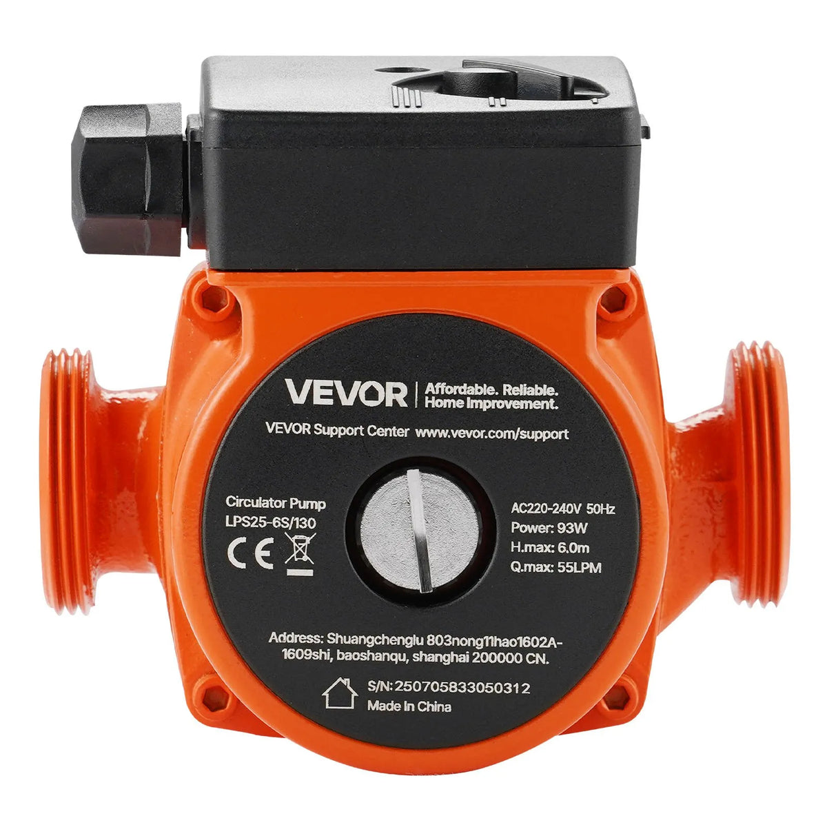 VEVOR LPS25-6S/130 čuguna cirkulācijas sūknis, 220–240 V, 55 l/min karstā ūdens cirkulācijai, vītņots pieslēgums, 3 ātrumu regulēšana, klusa darbība, paredzēts mājas apkures sistēmām