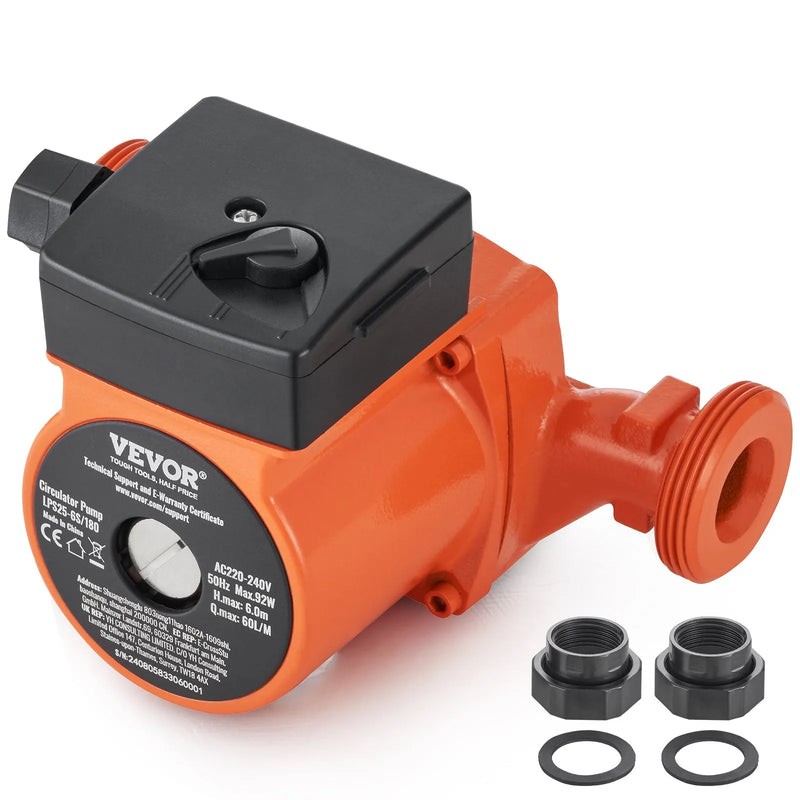 VEVOR LPS25-6S-180 karstā ūdens recirkulācijas sūknis, 220 V, 92 W, plūsma līdz 60 l/min, 3 ātrumu cirkulācijas sūknis ar vītņotu NPT pieslēgumu 38 mm (1½″), klusa darbība mājas ūdens sildītāju sistēmām