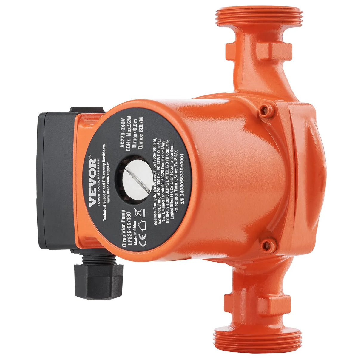 VEVOR LPS25-6S-180 karstā ūdens recirkulācijas sūknis, 220 V, 92 W, plūsma līdz 60 l/min, 3 ātrumu cirkulācijas sūknis ar vītņotu NPT pieslēgumu 38 mm (1½″), klusa darbība mājas ūdens sildītāju sistēmām