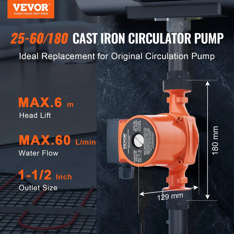 VEVOR LPS25-6S-180 karstā ūdens recirkulācijas sūknis, 220 V, 92 W, plūsma līdz 60 l/min, 3 ātrumu cirkulācijas sūknis ar vītņotu NPT pieslēgumu 38 mm (1½″), klusa darbība mājas ūdens sildītāju sistēmām