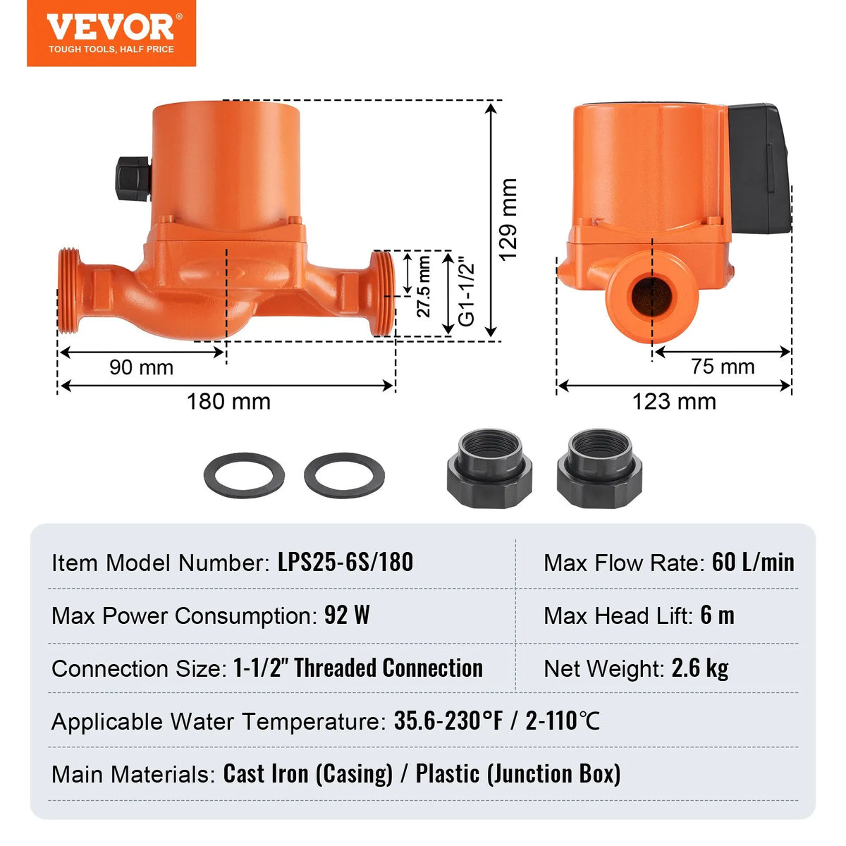 VEVOR LPS25-6S-180 karstā ūdens recirkulācijas sūknis, 220 V, 92 W, plūsma līdz 60 l/min, 3 ātrumu cirkulācijas sūknis ar vītņotu NPT pieslēgumu 38 mm (1½″), klusa darbība mājas ūdens sildītāju sistēmām