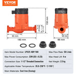 VEVOR LPS25-4BP-180 augstas efektivitātes karstā ūdens recirkulācijas sūknis, 220 V, 22 W, plūsma līdz 50 l/min, EMC automātiskās cirkulācijas sūknis ar vītņotu NPT pieslēgumu 38 mm (1½″), ūdens sildītāju sistēmām