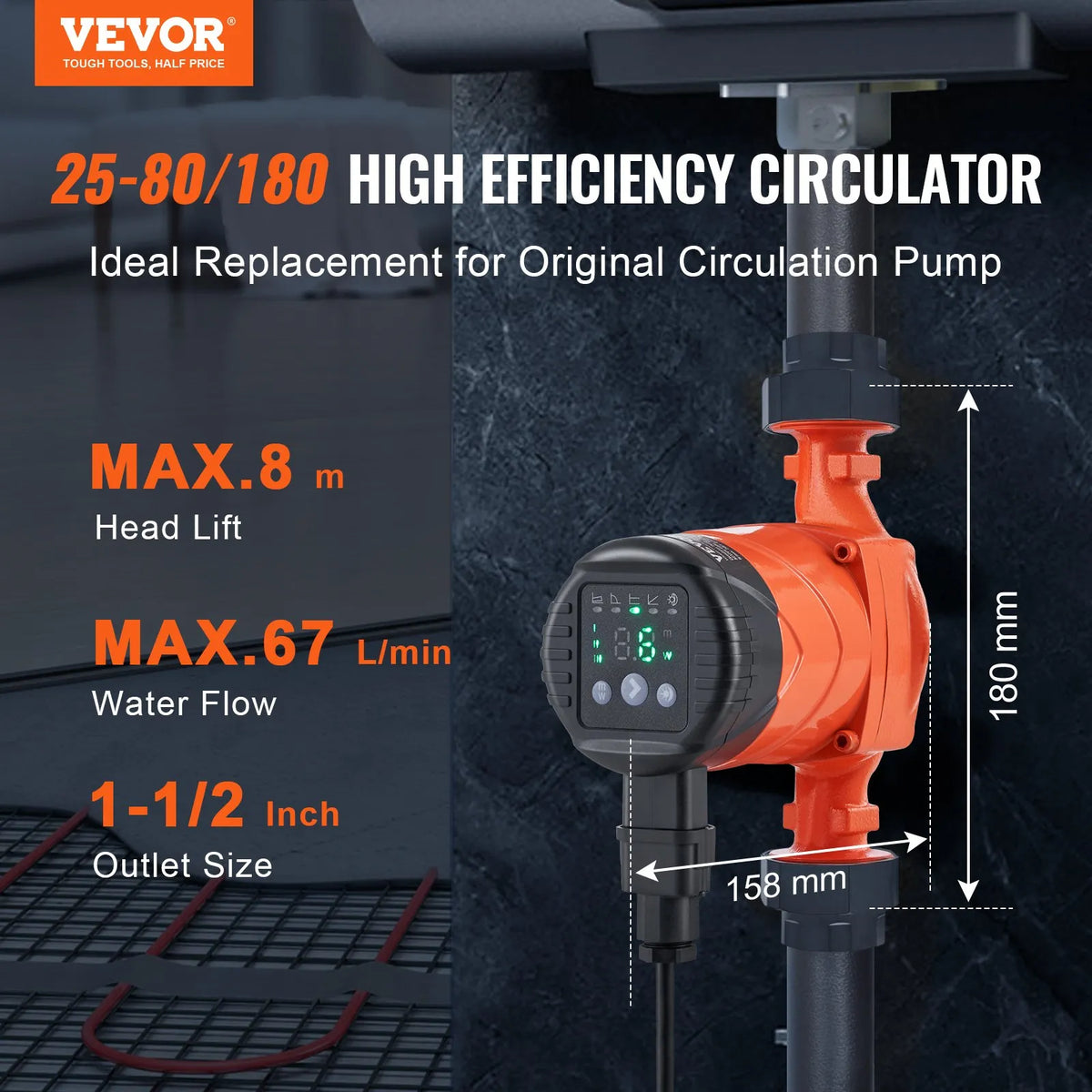 VEVOR LPS25-8BP-180 karstā ūdens cirkulācijas sūknis, 220 V, 60 W, 67 l/min, augstas efektivitātes cirkulācijas sūknis ar EMC automātisku ūdens cirkulāciju, 38 mm vītņots NPT pieslēgums, paredzēts ūdens sildītāju sistēmām