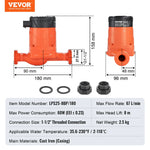 VEVOR LPS25-8BP-180 karstā ūdens cirkulācijas sūknis, 220 V, 60 W, 67 l/min, augstas efektivitātes cirkulācijas sūknis ar EMC automātisku ūdens cirkulāciju, 38 mm vītņots NPT pieslēgums, paredzēts ūdens sildītāju sistēmām