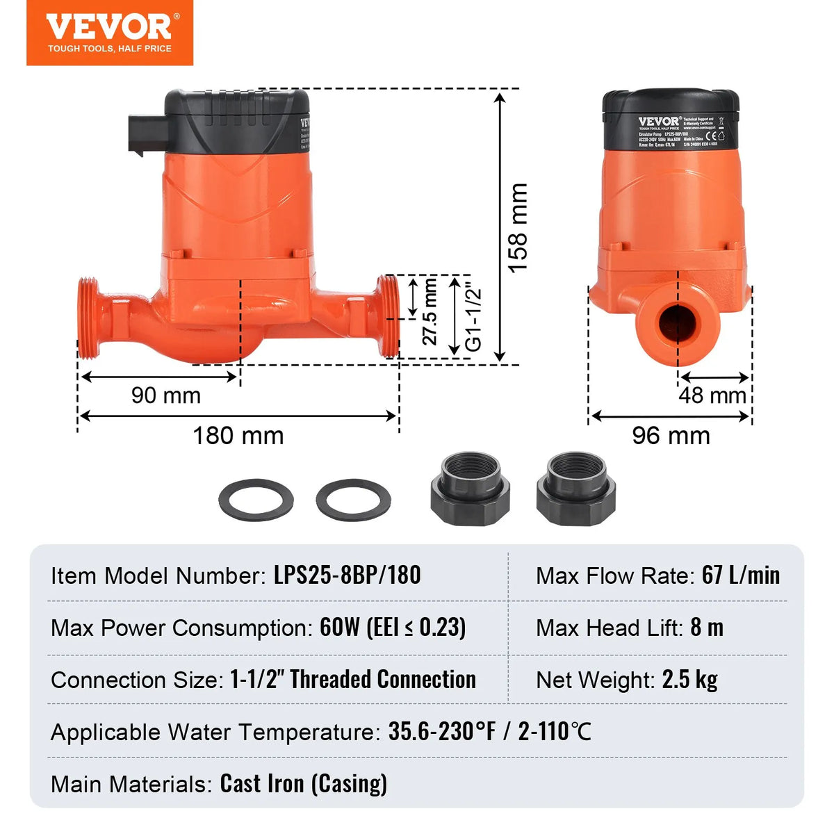 VEVOR LPS25-8BP-180 karstā ūdens cirkulācijas sūknis, 220 V, 60 W, 67 l/min, augstas efektivitātes cirkulācijas sūknis ar EMC automātisku ūdens cirkulāciju, 38 mm vītņots NPT pieslēgums, paredzēts ūdens sildītāju sistēmām