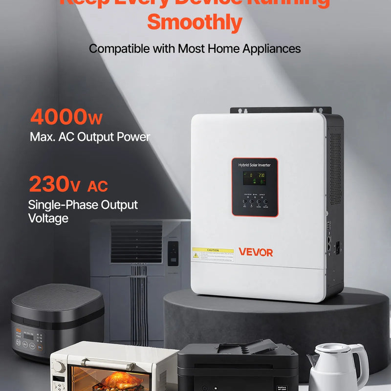 VEVOR hibrīda saules invertors 4000 W, 24 V DC uz 230 V AC, tīras sinusoīdas invertors ar lādētāju, iebūvēts 120 A MPPT saules kontrolieris un Wi-Fi modulis, vienfāzes, paredzēts svina-skābes un litija akumulatoriem autonomām sistēmām