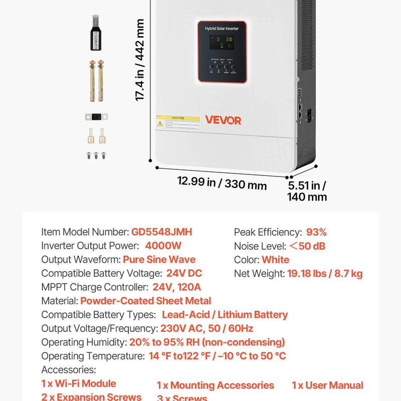 VEVOR hibrīda saules invertors 4000 W, 24 V DC uz 230 V AC, tīras sinusoīdas invertors ar lādētāju, iebūvēts 120 A MPPT saules kontrolieris un Wi-Fi modulis, vienfāzes, paredzēts svina-skābes un litija akumulatoriem autonomām sistēmām