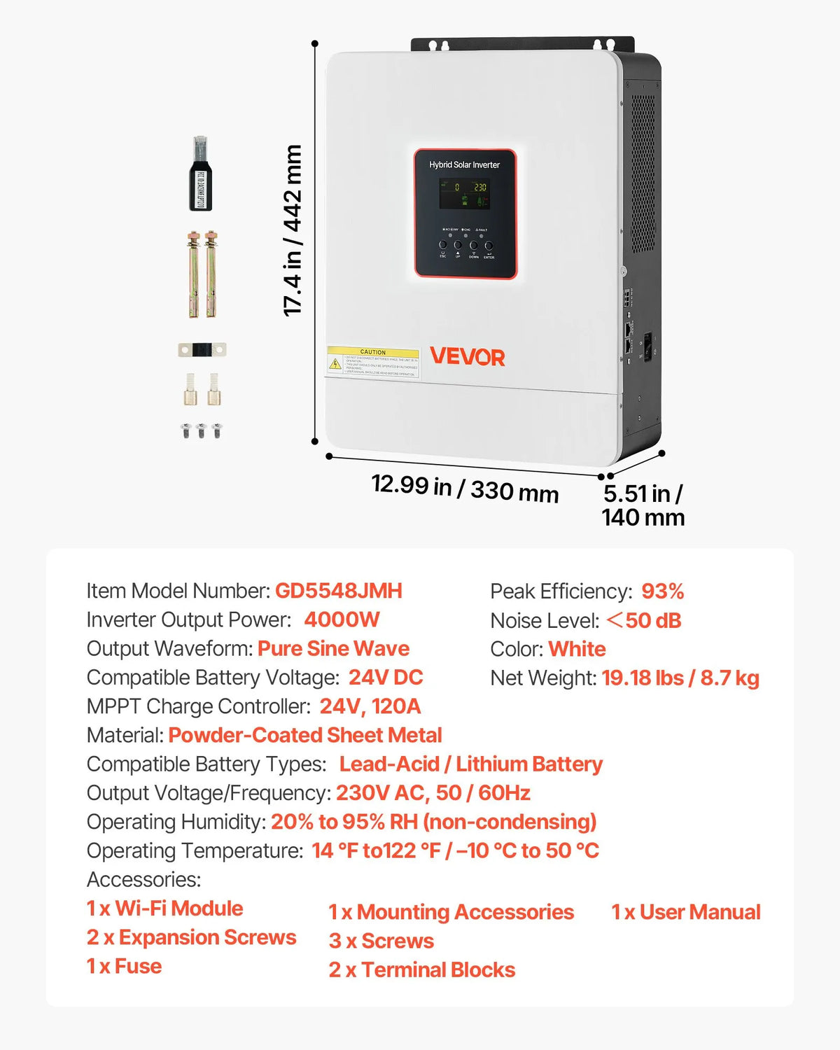 VEVOR hibrīda saules invertors 4000 W, 24 V DC uz 230 V AC, tīras sinusoīdas invertors ar lādētāju, iebūvēts 120 A MPPT saules kontrolieris un Wi-Fi modulis, vienfāzes, paredzēts svina-skābes un litija akumulatoriem autonomām sistēmām