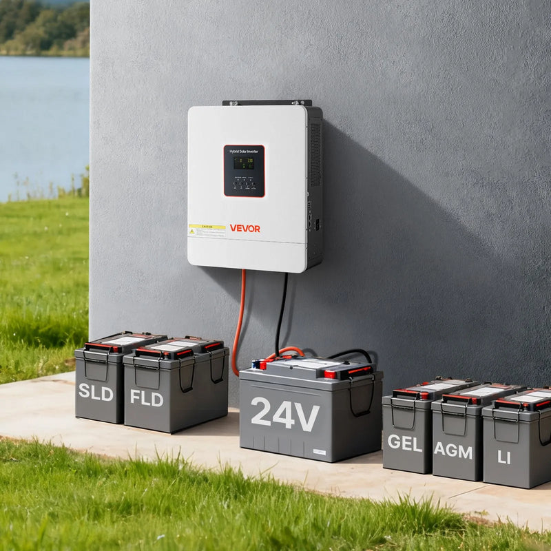 VEVOR hibrīda saules invertors 4000 W, 24 V DC uz 230 V AC, tīras sinusoīdas invertors ar lādētāju, iebūvēts 120 A MPPT saules kontrolieris un Wi-Fi modulis, vienfāzes, paredzēts svina-skābes un litija akumulatoriem autonomām sistēmām