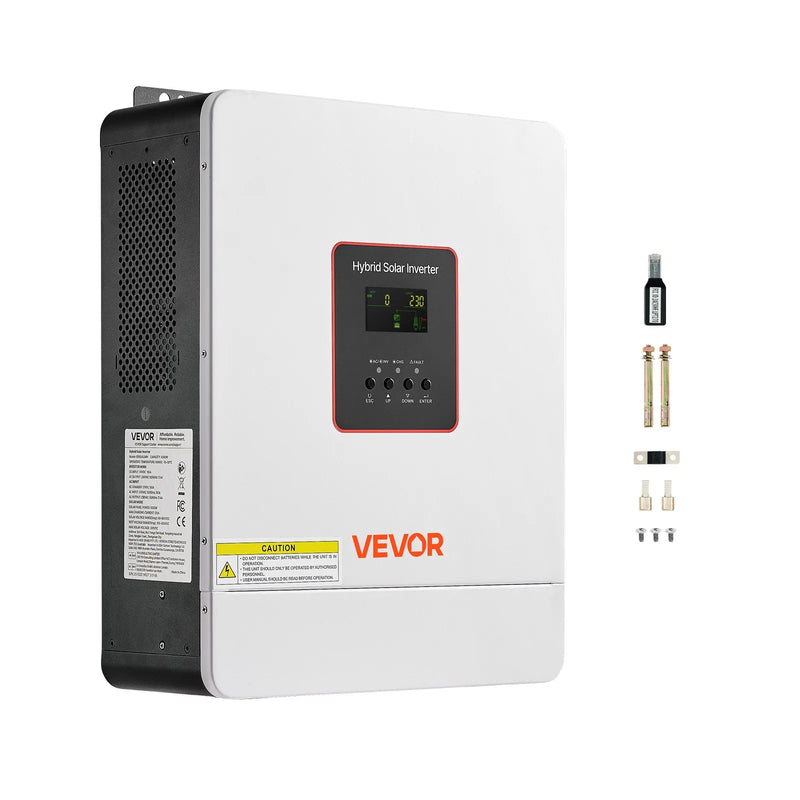 VEVOR hibrīda saules invertors 4000 W, 24 V DC uz 230 V AC, tīras sinusoīdas invertors ar lādētāju, iebūvēts 120 A MPPT saules kontrolieris un Wi-Fi modulis, vienfāzes, paredzēts svina-skābes un litija akumulatoriem autonomām sistēmām