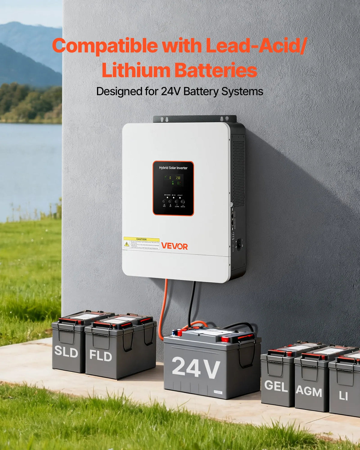 VEVOR hibrīda saules invertors 3000 W, 24 V DC uz 230 V AC, tīras sinusoīdas sprieguma invertors ar lādētāju, iebūvēts 80 A MPPT saules kontrolieris, saderīgs ar svina-skābes un litija akumulatoriem, mājai, kemperim un autonomām sistēmām