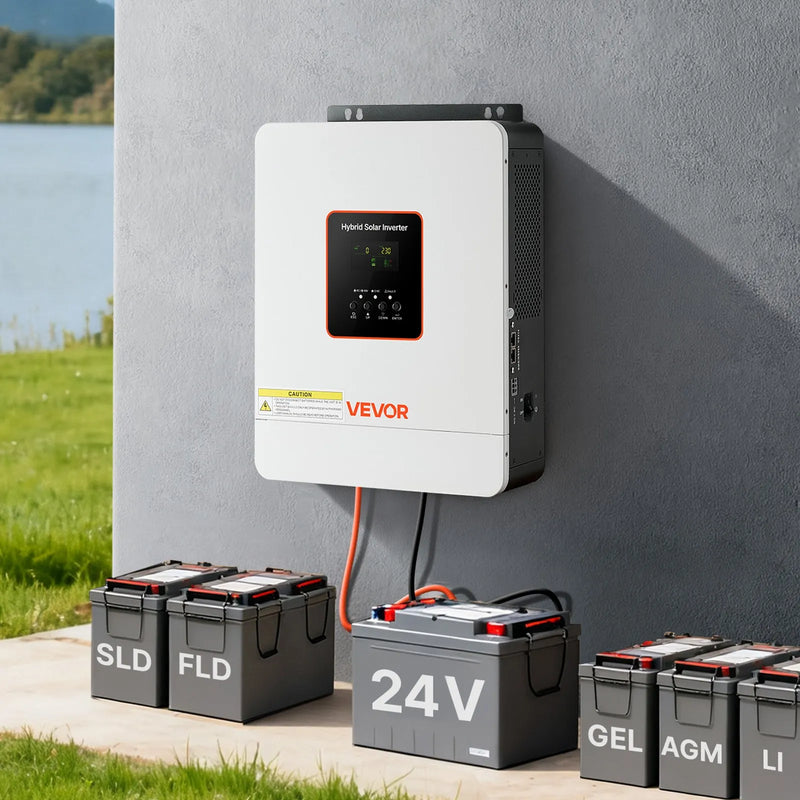 VEVOR hibrīda saules invertors 3000 W, 24 V DC uz 230 V AC, tīras sinusoīdas sprieguma invertors ar lādētāju, iebūvēts 80 A MPPT saules kontrolieris, saderīgs ar svina-skābes un litija akumulatoriem, mājai, kemperim un autonomām sistēmām