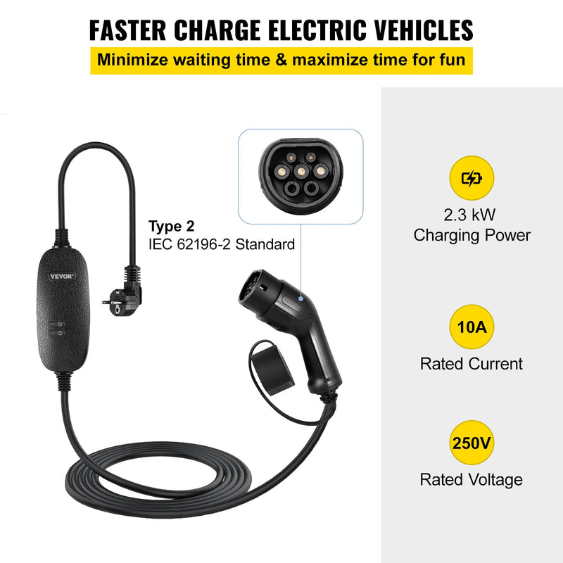 VEVOR portable EV charger, type 2, 10A, 6 m charging cable, UK 3-pin plug, IP66 waterproof, 3kW 250V (IEC 62196-2), with carrying case, CE