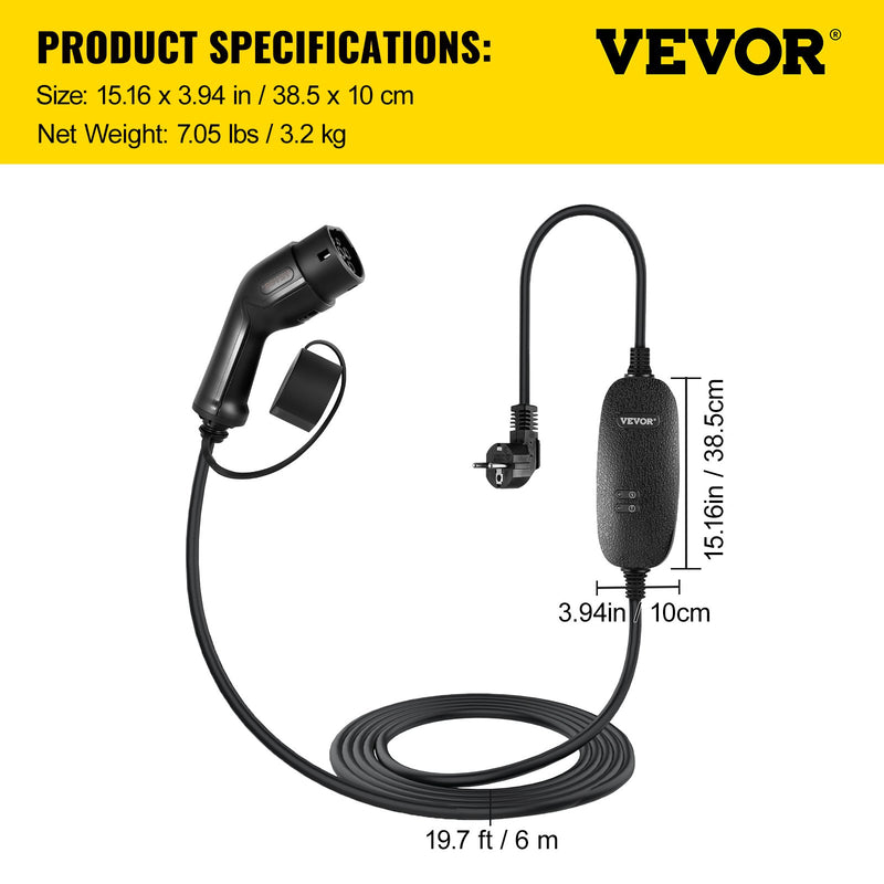 VEVOR portable EV charger, type 2, 10A, 6 m charging cable, UK 3-pin plug, IP66 waterproof, 3kW 250V (IEC 62196-2), with carrying case, CE