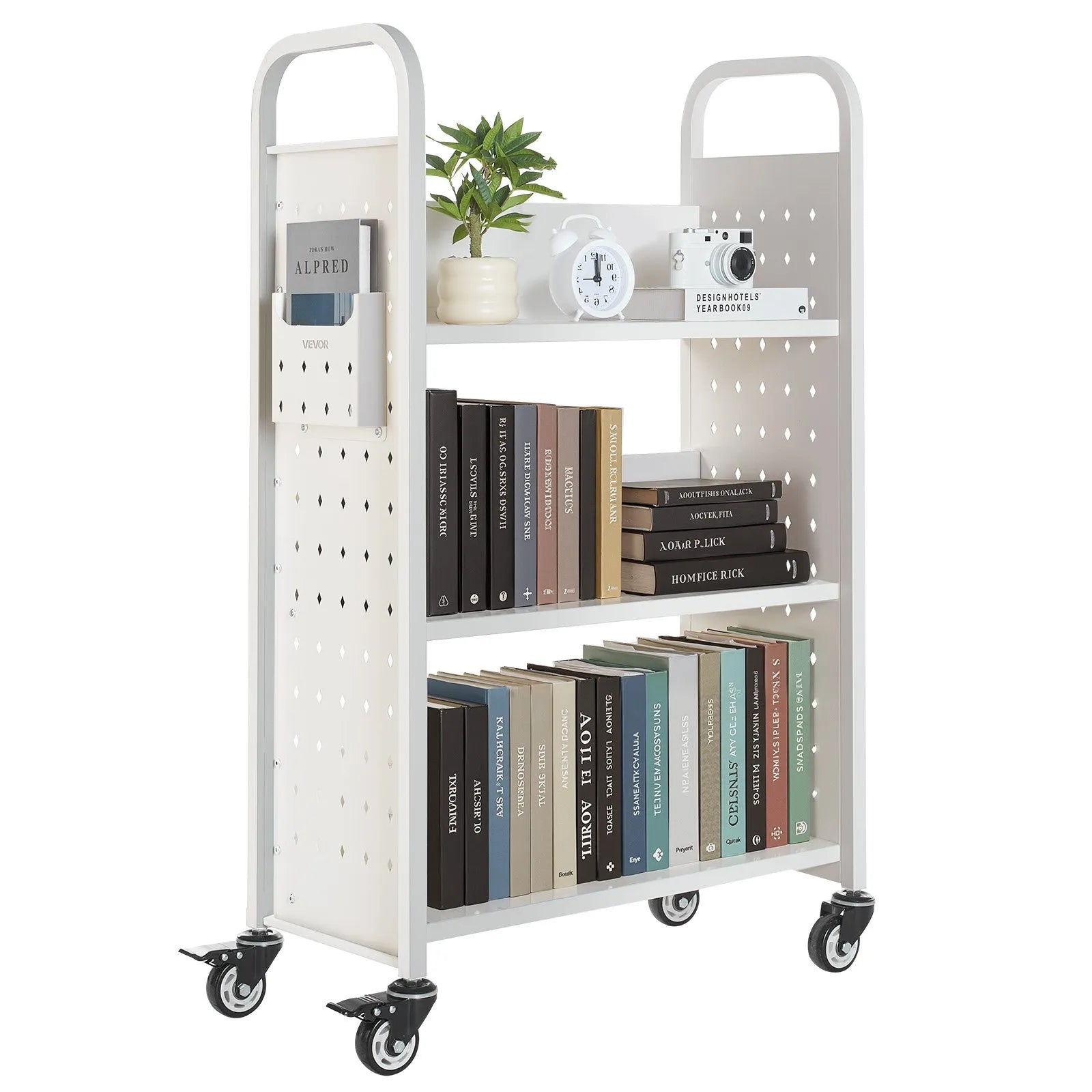 Ripojošs bibliotēkas grāmatu ratiņš, 150 kg kravnesība, 77 × 38 × 122 cm, ar vienpusējiem L veida plauktiem un 76,2 mm fiksējamiem riteņiem, grāmatu ratiņš mājai, birojam un skolai, balts