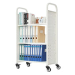 Ripojošs bibliotēkas grāmatu ratiņš, 150 kg kravnesība, 77 × 38 × 122 cm, ar vienpusējiem L veida plauktiem un 76,2 mm fiksējamiem riteņiem, grāmatu ratiņš mājai, birojam un skolai, balts
