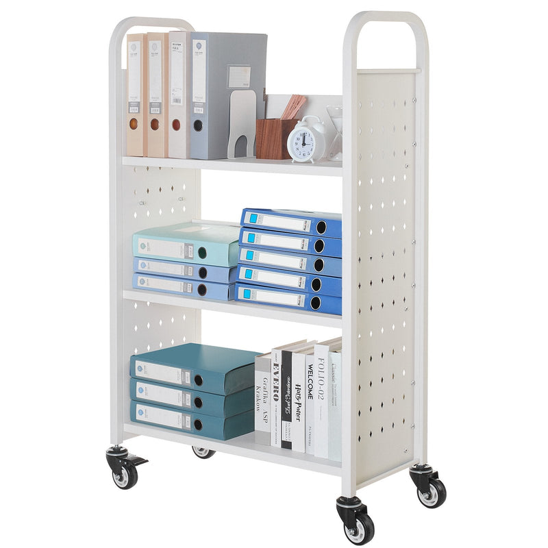 Ripojošs bibliotēkas grāmatu ratiņš, 150 kg kravnesība, 77 × 38 × 122 cm, ar vienpusējiem L veida plauktiem un 76,2 mm fiksējamiem riteņiem, grāmatu ratiņš mājai, birojam un skolai, balts