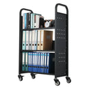 Ripojošs bibliotēkas grāmatu ratiņš, 150 kg kravnesība, 77 × 38 × 122 cm, ar vienpusējiem L veida plauktiem un 76,2 mm fiksējamiem riteņiem, grāmatu ratiņš mājai, birojam un skolai, melns