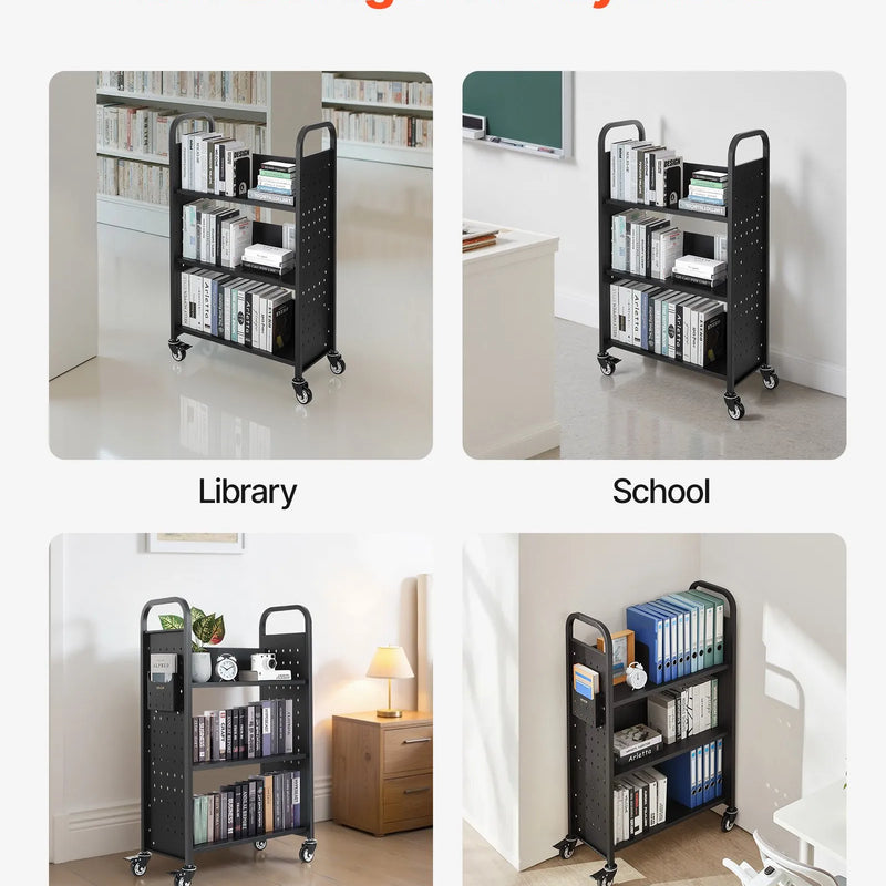 Ripojošs bibliotēkas grāmatu ratiņš, 150 kg kravnesība, 77 × 38 × 122 cm, ar vienpusējiem L veida plauktiem un 76,2 mm fiksējamiem riteņiem, grāmatu ratiņš mājai, birojam un skolai, melns