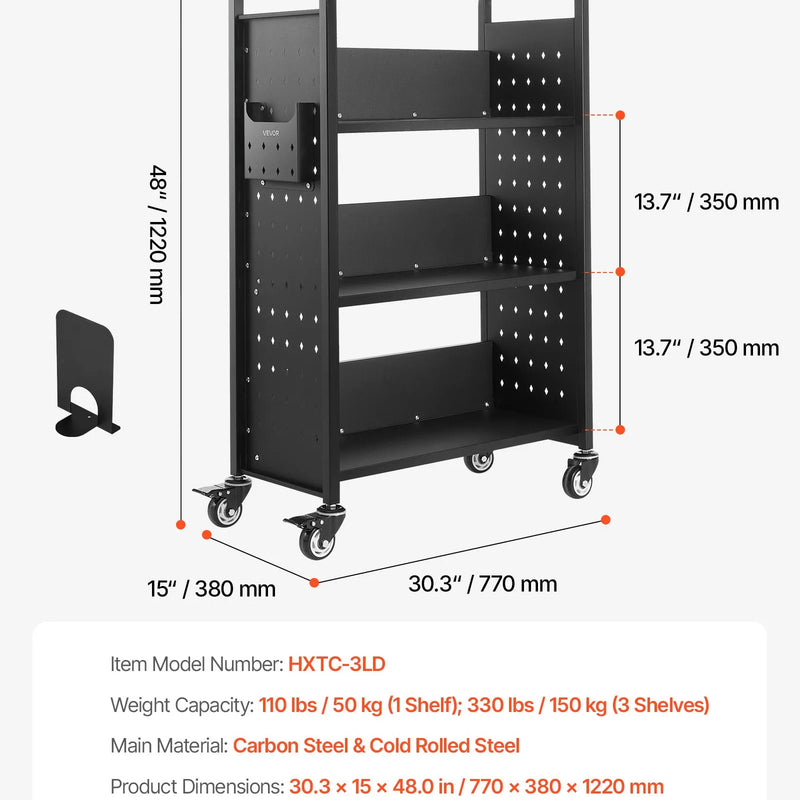 Ripojošs bibliotēkas grāmatu ratiņš, 150 kg kravnesība, 77 × 38 × 122 cm, ar vienpusējiem L veida plauktiem un 76,2 mm fiksējamiem riteņiem, grāmatu ratiņš mājai, birojam un skolai, melns