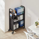 Ripojošs bibliotēkas grāmatu ratiņš, 150 kg kravnesība, 77 × 38 × 122 cm, ar vienpusējiem L veida plauktiem un 76,2 mm fiksējamiem riteņiem, grāmatu ratiņš mājai, birojam un skolai, melns