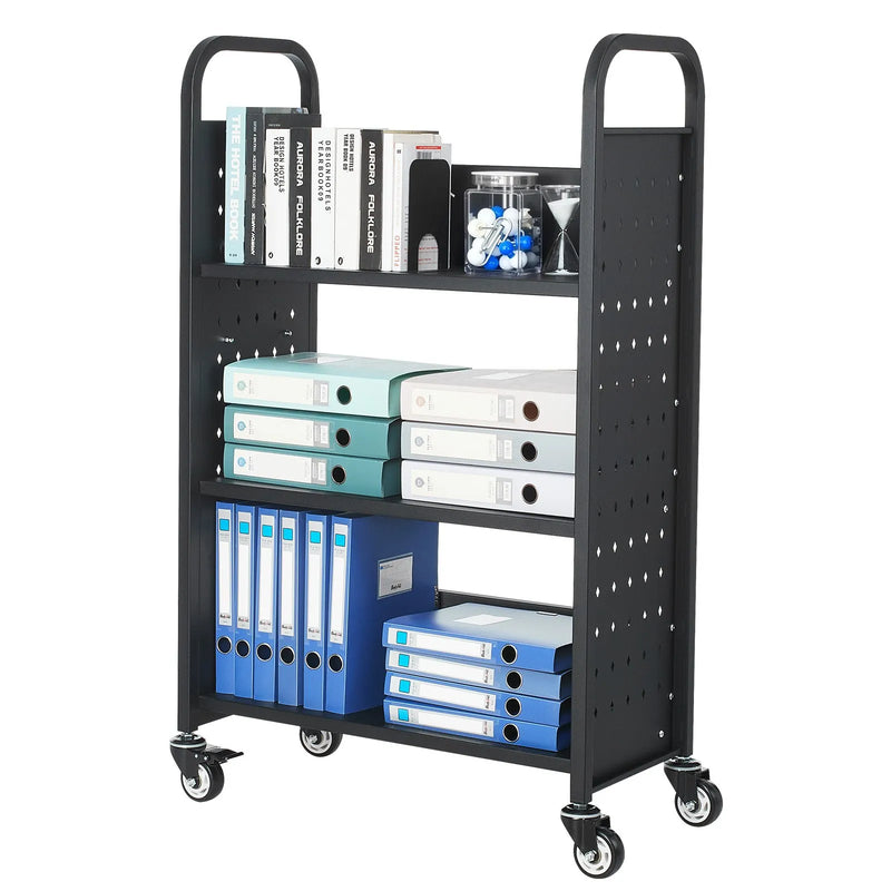Ripojošs bibliotēkas grāmatu ratiņš, 150 kg kravnesība, 77 × 38 × 122 cm, ar vienpusējiem L veida plauktiem un 76,2 mm fiksējamiem riteņiem, grāmatu ratiņš mājai, birojam un skolai, melns