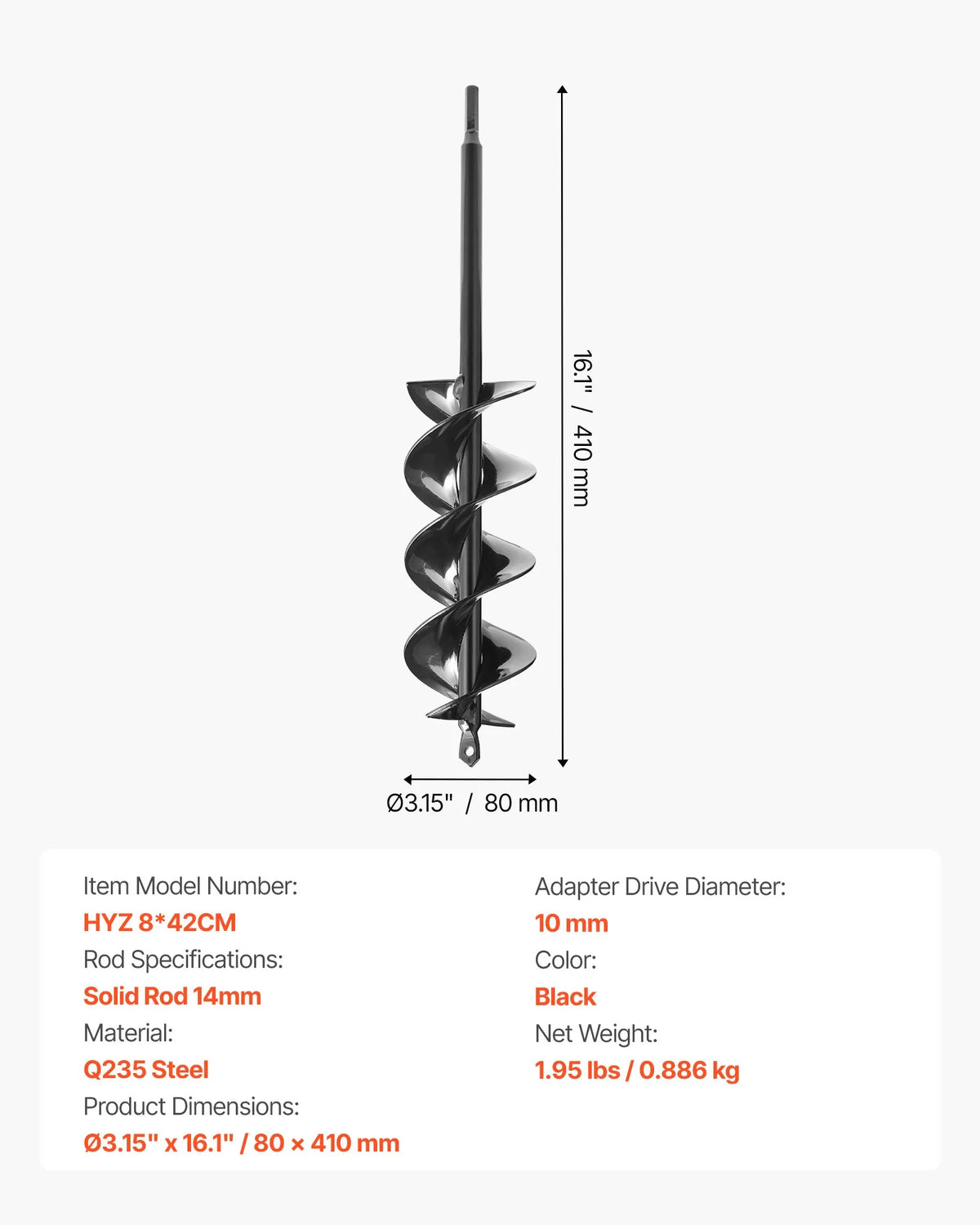 Zemes urbšanas un stādīšanas spirālurbis 80 × 410 mm