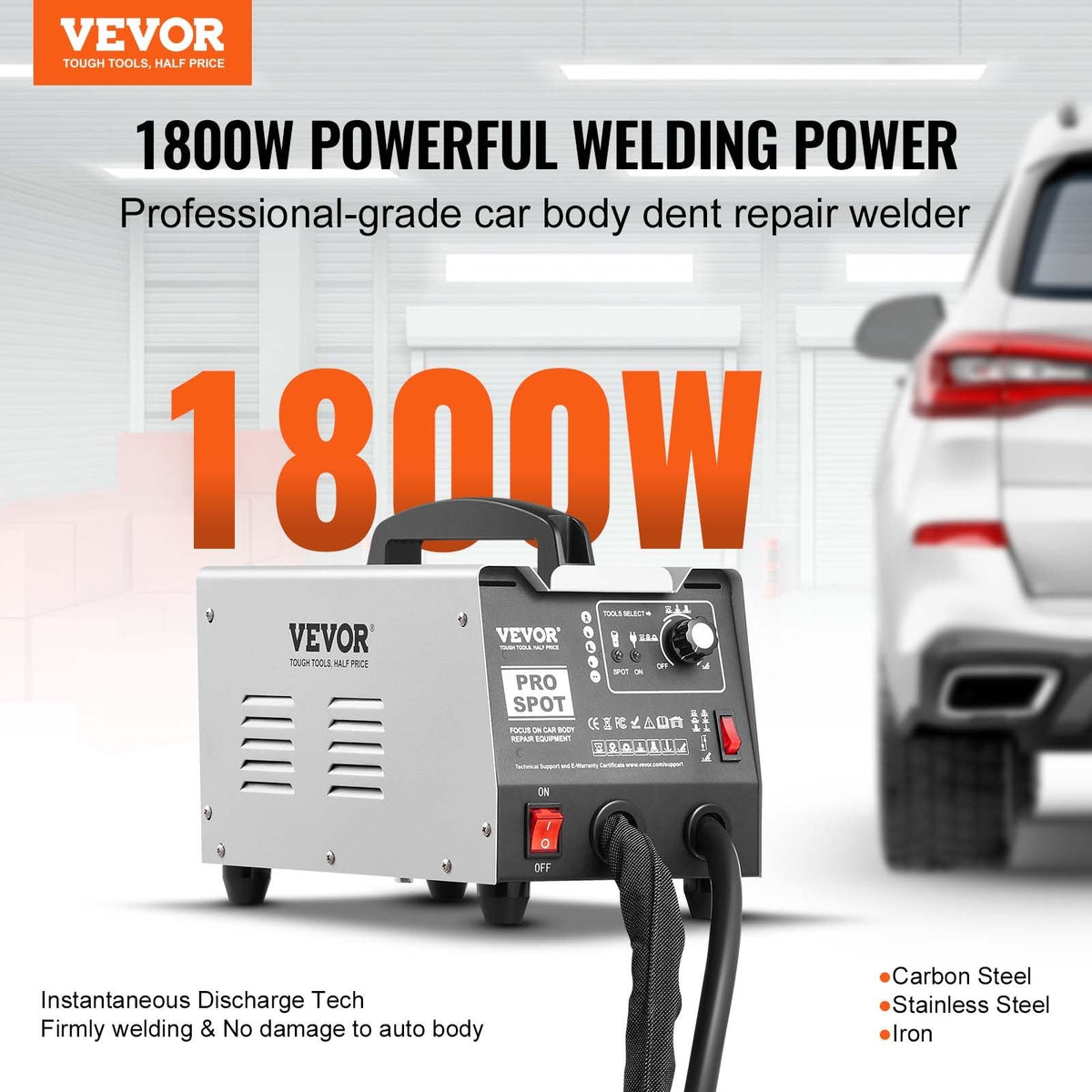VEVOR 1,8 kW punktmetināšanas un ieliekumu labošanas iekārta ar 7 metināšanas režīmiem un regulējamu jaudu, piemērota automašīnu un kravas auto virsbūves ieliekumu novēršanai