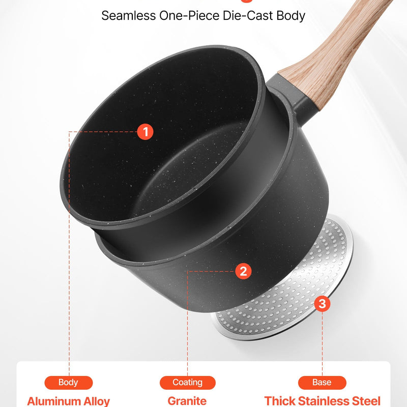 1,5 l kastrolis ar nelīpošo pārklājumu un rūdīta stikla vāku, daudzfunkcionāls katls ar noņemamu rokturi, piemērots indukcijas plītīm, melns