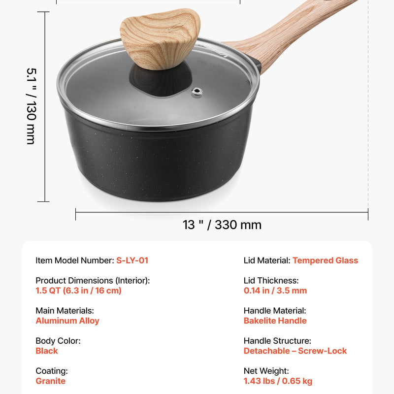 1,5 l kastrolis ar nelīpošo pārklājumu un rūdīta stikla vāku, daudzfunkcionāls katls ar noņemamu rokturi, piemērots indukcijas plītīm, melns