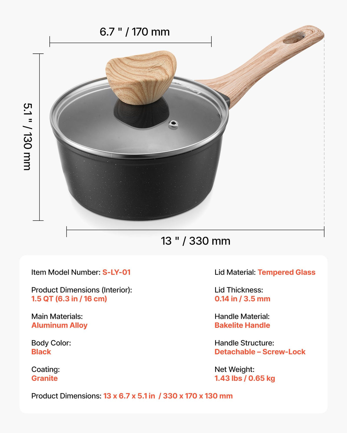 1,5 l kastrolis ar nelīpošo pārklājumu un rūdīta stikla vāku, daudzfunkcionāls katls ar noņemamu rokturi, piemērots indukcijas plītīm, melns