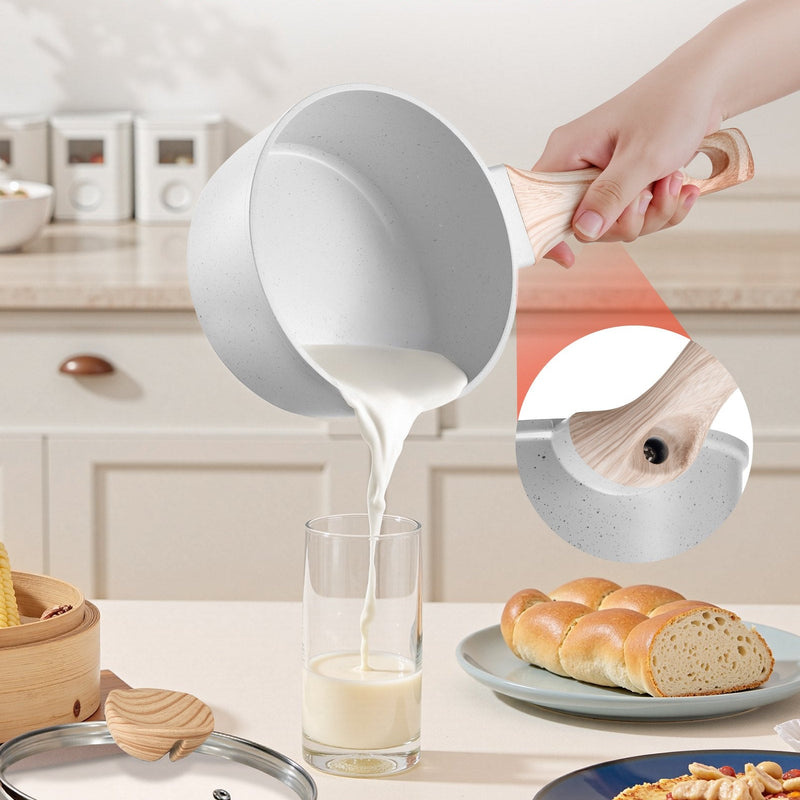 1,5 l katliņš ar nelīpošo pārklājumu un rūdīta stikla vāku, daudzfunkcionāls ar noņemamu rokturi, piemērots indukcijas plītīm, balts