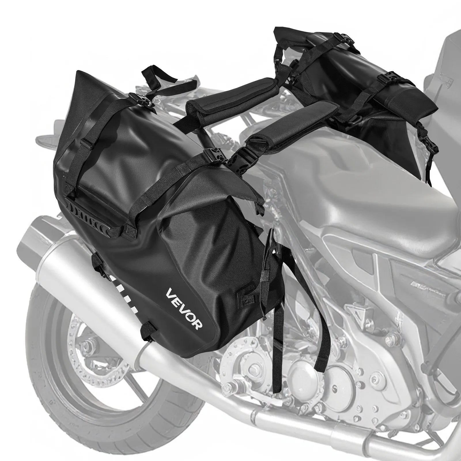 VEVOR motocikla sānu somas, 28 l (14 l x 2) lielas ietilpības motocikla sānu bagāžas somas, saderīgas ar lielāko daļu motociklu, ūdensizturīga āra motocikla bagāžas uzglabāšanas pleca soma ar apakšējo stiprinājuma siksnu, melna
