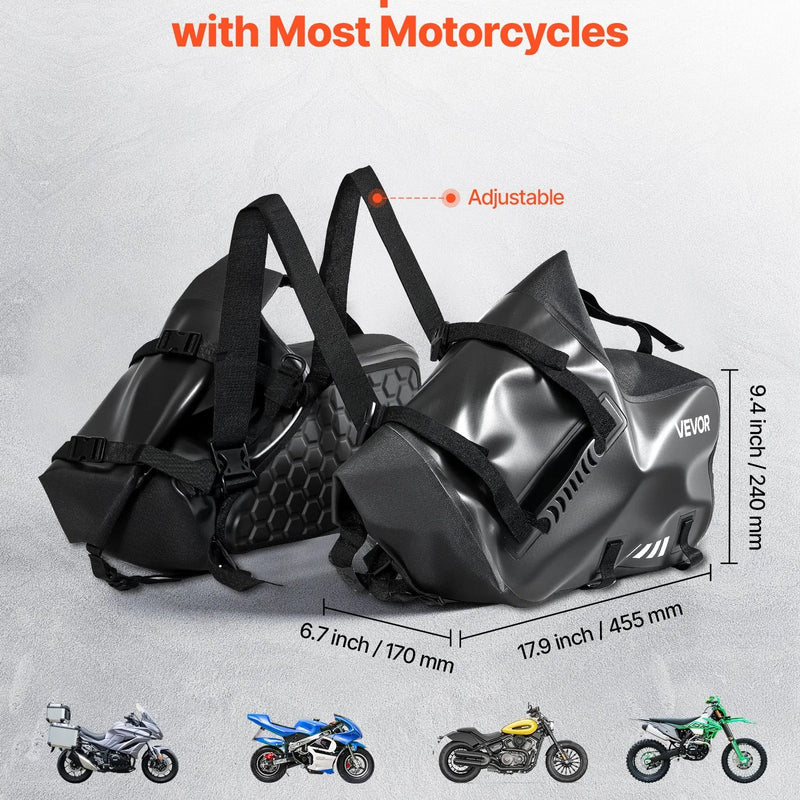 VEVOR motocikla sānu somas, 28 l (14 l x 2) lielas ietilpības motocikla sānu bagāžas somas, saderīgas ar lielāko daļu motociklu, ūdensizturīga āra motocikla bagāžas uzglabāšanas pleca soma ar apakšējo stiprinājuma siksnu, melna