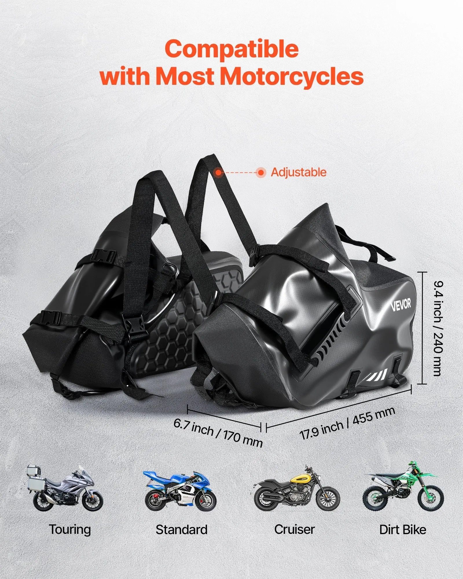VEVOR motocikla sānu somas, 28 l (14 l x 2) lielas ietilpības motocikla sānu bagāžas somas, saderīgas ar lielāko daļu motociklu, ūdensizturīga āra motocikla bagāžas uzglabāšanas pleca soma ar apakšējo stiprinājuma siksnu, melna